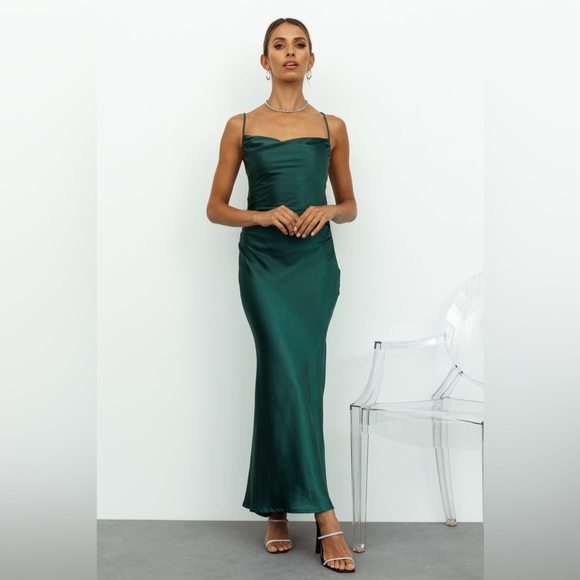 Hello Molly Dresses & Skirts - NWT Hello Molly KISSIN ALL NIGHT SATIN MAXI dress teal forest green sz small (4)